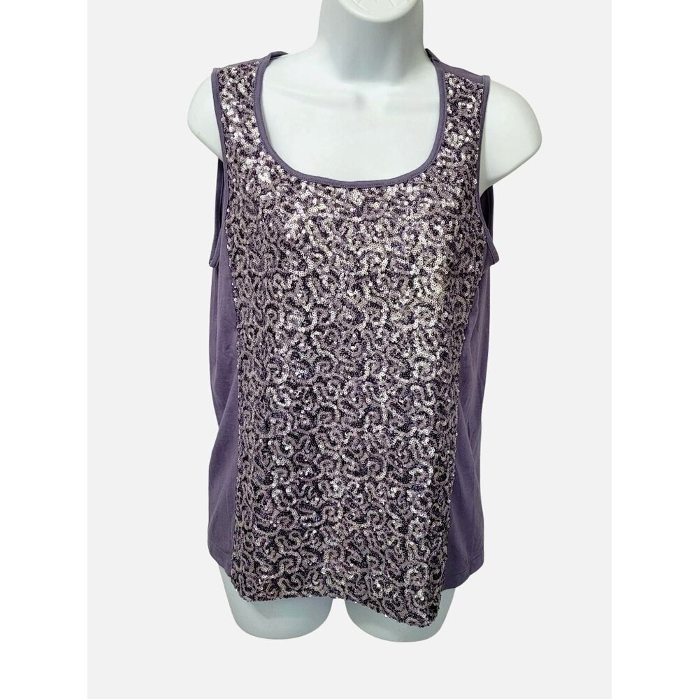 Chicos Purple Sequin Tank Top S Jersey Cotton Blend Sleeveless Scoop Neck Sparkl